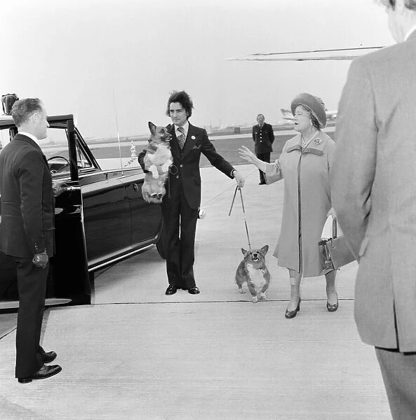 The Queen Mother leaving Heathrow Airport for Paris, on her way to Cognac for a holiday