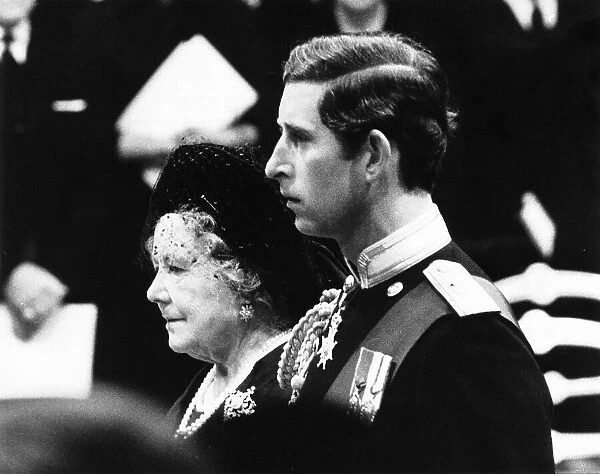 Queen Mother and Prince Charles at funeral of Lord Mountbatten held at Westminster Abbey