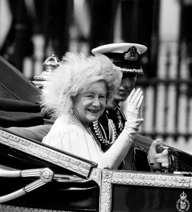 Framed Print : Queen Mother with Prince Charles waving as they ride in the Royal carriage Circa