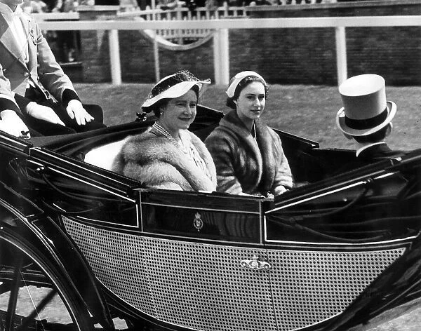 Queen Mother and Princess Margaret Royal Ascot 1954 driving in an open Landau at ascot