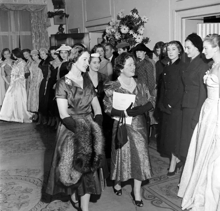 Framed Print : The Queen Mother and Princess Margaret seen here at the Salon of clothes designer Hardy
