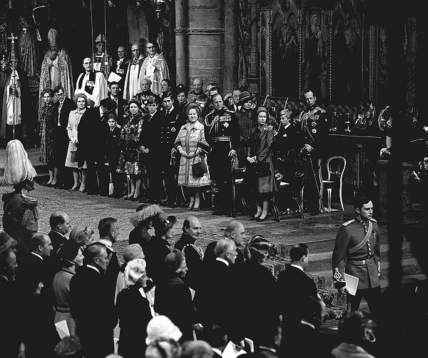 Queen Mother and The Royal Family wait in Westminster Abbey at the wedding of Princess