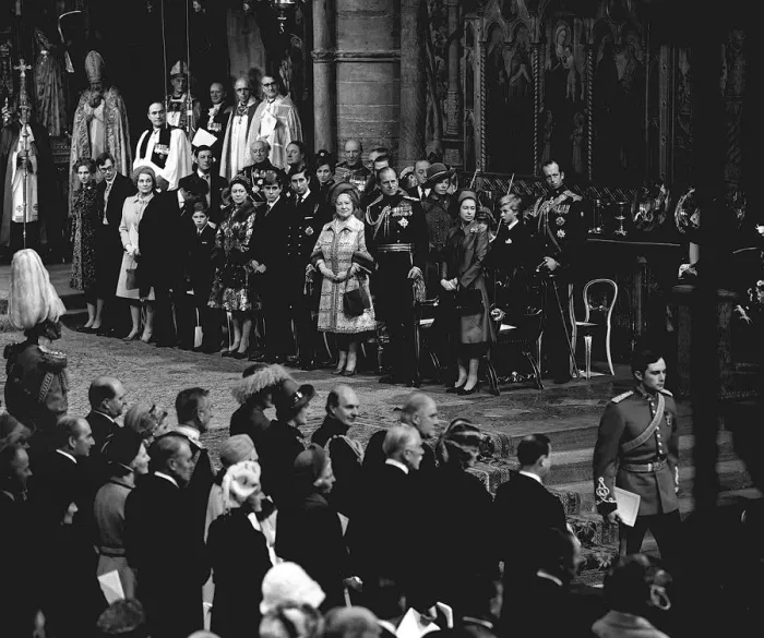 Framed Print : Queen Mother and The Royal Family wait in Westminster Abbey at the wedding of Princess