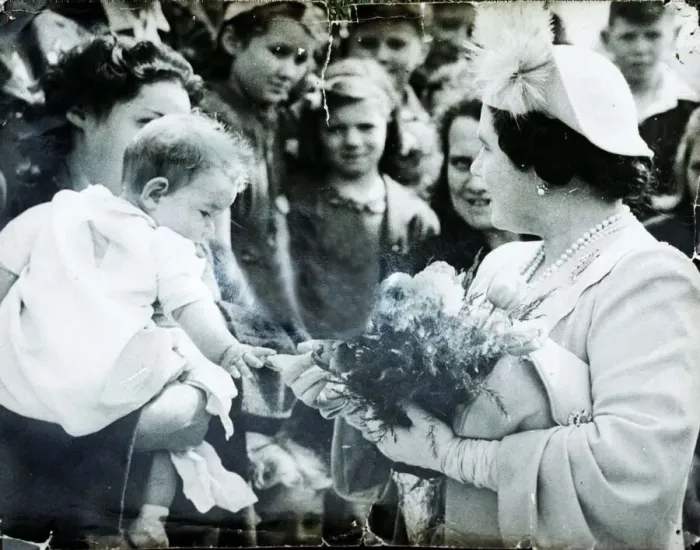 Framed Print : Queen Mother Visits 1945 touring areas hit by bombing of V2 Rocket during WW2 Framed Print : Queen Mother Visits 1945 touring areas hit by bombing of V2 Rocket during WW2