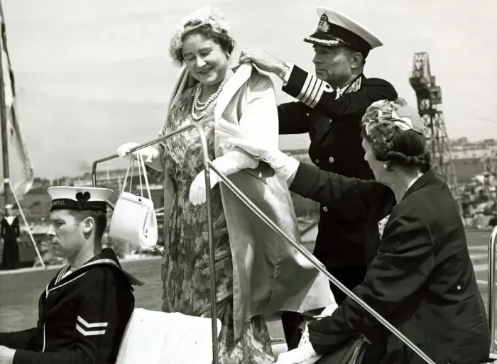 Framed Print : Queen Mother visits the Ark Royal 1958 HMS Ark Royal at Devonport Captain E Framed Print : Queen Mother visits the Ark Royal 1958 HMS Ark Royal at Devonport Captain E