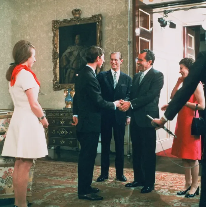Framed Print : The Queen, Prince Philip and Prince Charles with visiting American President Richard Framed Print : The Queen, Prince Philip and Prince Charles with visiting American President Richard
