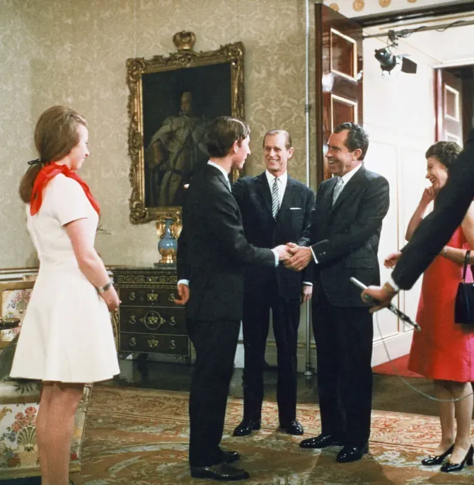 Framed Print : The Queen, Prince Philip and Prince Charles with visiting American President Richard Framed Print : The Queen, Prince Philip and Prince Charles with visiting American President Richard