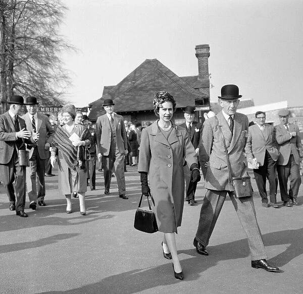 The Queen Racing at Sandown Park, walking down to the paddock. 17th March 1961