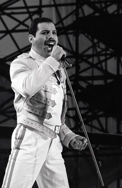 Queen Rock Group Freddie Mercury in concert at St James Park in Newcastle. July 1986