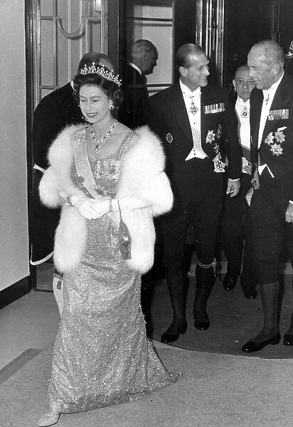The Queen at state banquet during visit of King and Queen of the Hellenes seen arriving