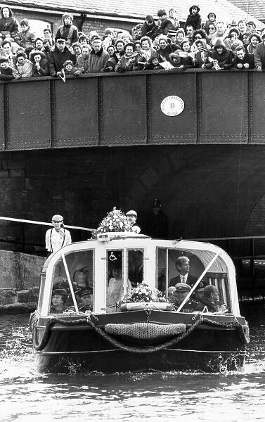 The Queen visits Manchester, 21st March 1986. In barge, on way to Wigan Pier