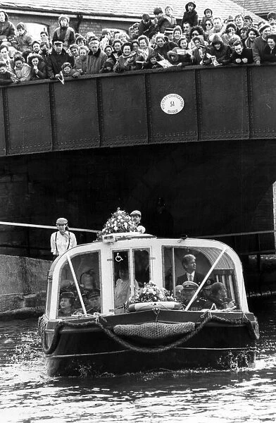 The Queen visits Manchester, 21st March 1986. In barge, on way to Wigan Pier
