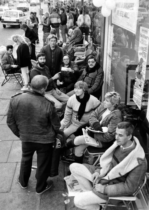 Framed Print : The queue outside Lunn Poly Travel Agent to snap up a £ Framed Print : The queue outside Lunn Poly Travel Agent to snap up a £