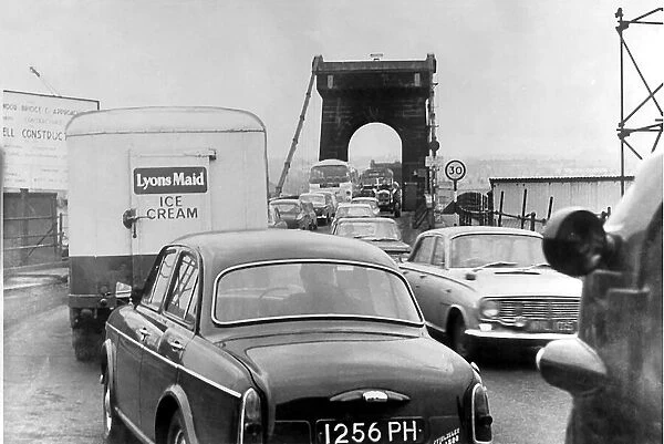 A queue of traffic at the old Scotswood Bridge. c. 1966