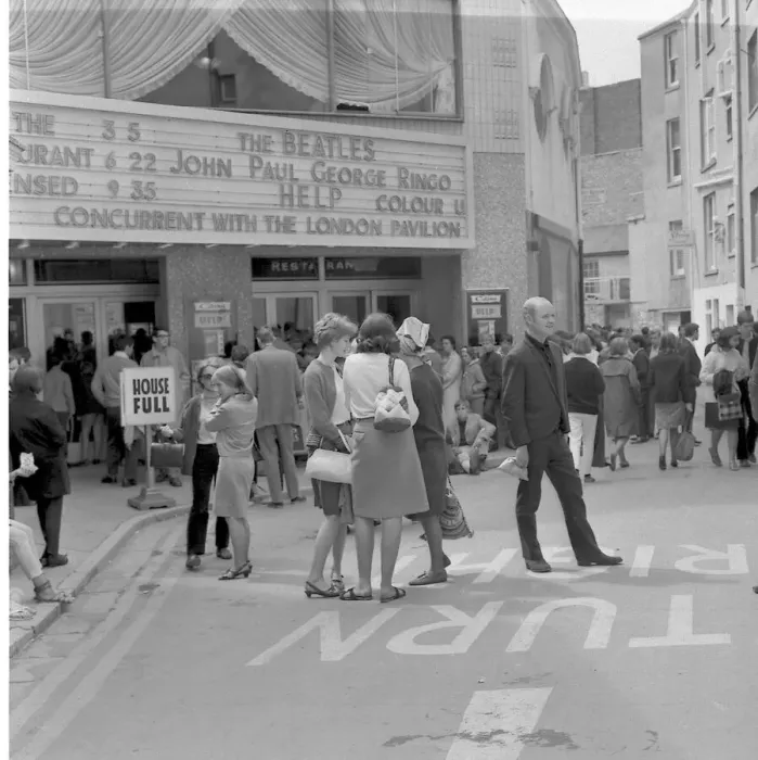 Framed Print : Queues outside the Colony Cinema, Torquay to see The Beatles film Help! July 1965