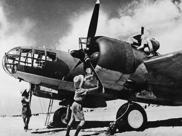 Framed Print : R. A. F. in East Africa. Ground crew checking up before a Glen Martin Maryland takes