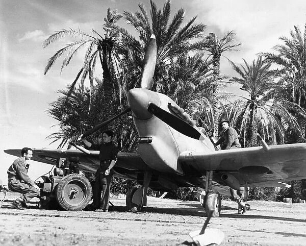 R. A. F. ground crew work on a Spitfire at a forward aerodrome in Tunisia. 12th March 1943