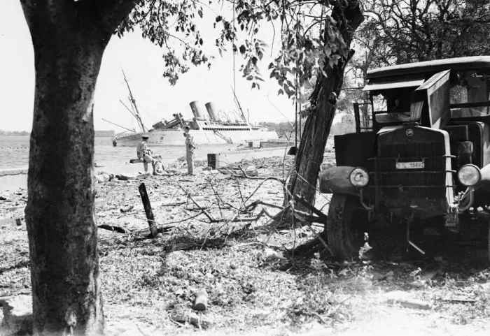 Framed Print : R. A. F. officers inspect the bombed waterfront at Messina. 23rd August 1943