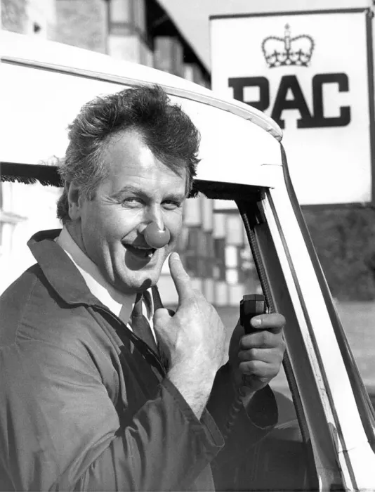 Framed Print : RAC patrolman Tommy Burgess helping to raise Comic Relief cash in 1989