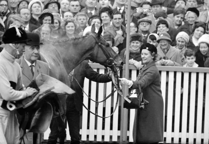 Framed Print : Racehorse owner The Duchess of Westminster leads smiling jockey Pat Taaffe on racehorse