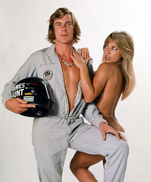 Racing Driver James Hunt with model Sue Shaw. November 1973