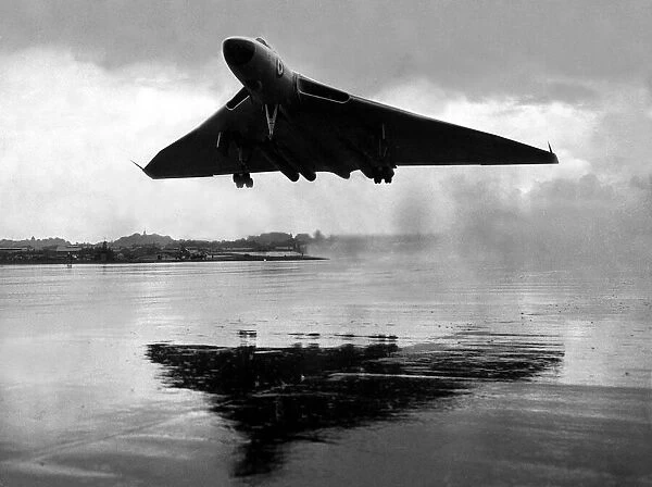 A RAF Avro Vulcan bomber takes off at the Flying Display and Exhibition