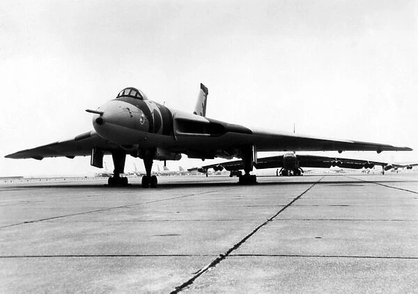 A RAF Avro Vulcan V-bomber, with an American Air Force B52 in the background