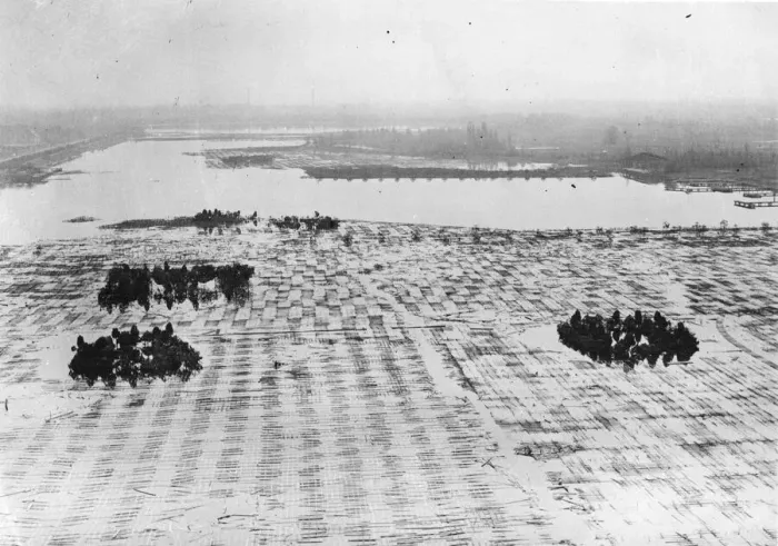 Framed Print : RAF Bomb damage in captured Hanover, Germany. The machsee large lake south of