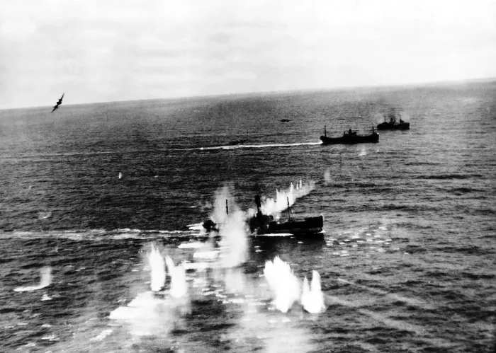 Framed Print : RAF Coastal Command Beaufighters attack German shipping off the Friesian Islands during