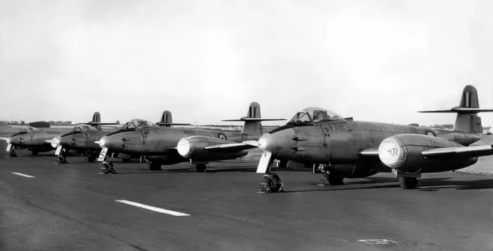 Framed Print : RAF Gloster Meteor jet aircraft at RAF Acklington due to take part in a Battle of Britain
