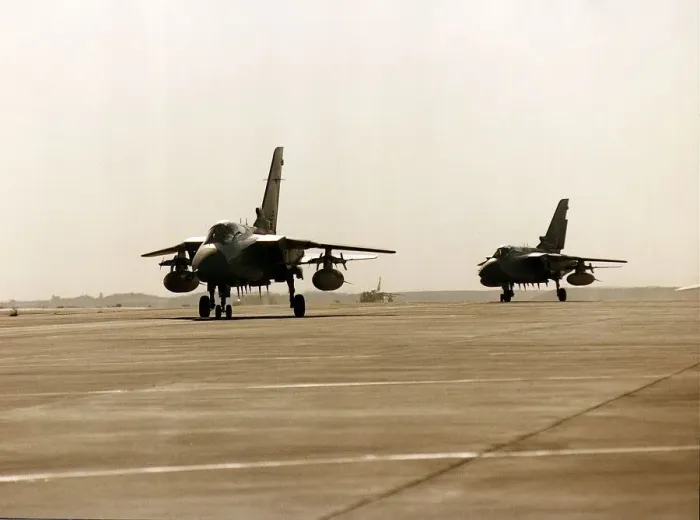 Framed Print : Two RAF Panavia Tornado F3 fighter planes used in the Gulf War taxi along runway
