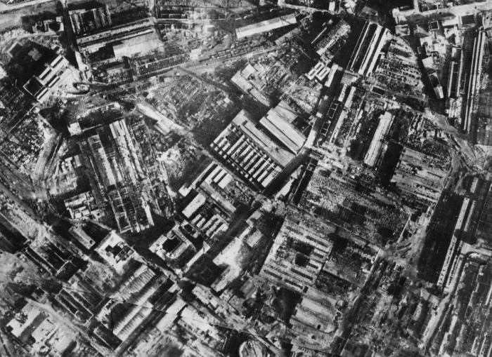 Framed Print : RAF Photo Reconnaissance image taken after a heavy raid on the Krupps Works at Essen by