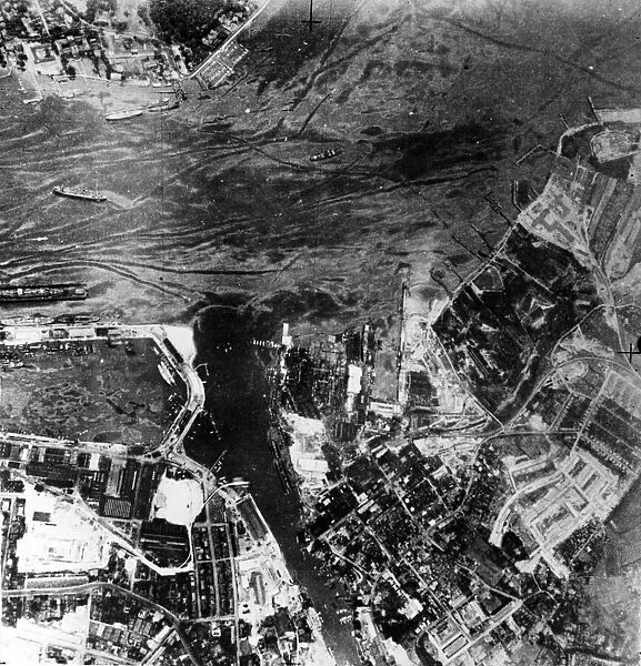 RAF Photo reconnaissance photograph of Kiel harbour following a raid by RAF Bomber