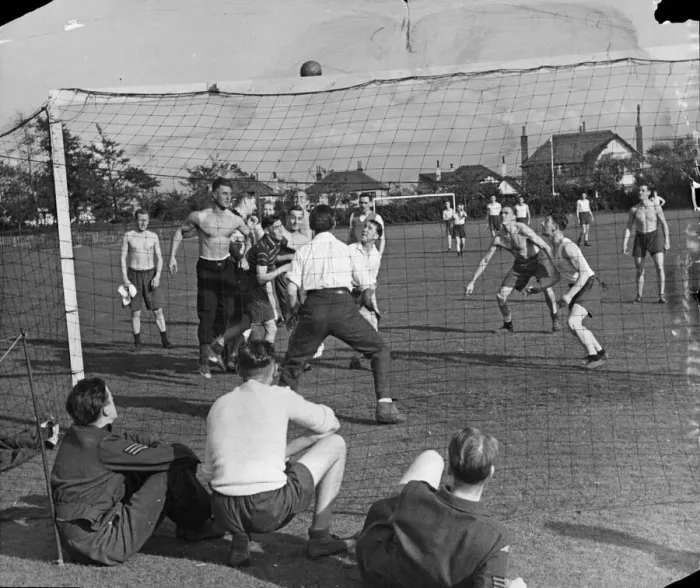 Framed Print : RAF (Royal Airforce) wounded, in training with football to help them back to strength Framed Print : RAF (Royal Airforce) wounded, in training with football to help them back to strength