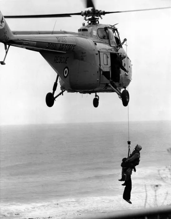 Framed Print : A RAF search and rescue Westland Whirlwind helicopter from RAF Boulmer practises air sea