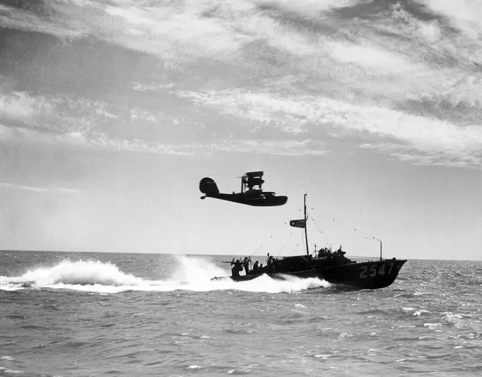 Framed Print : An RAF Supermarine Walrus Seaplane acting as spotter for Air Sea Rescue launch