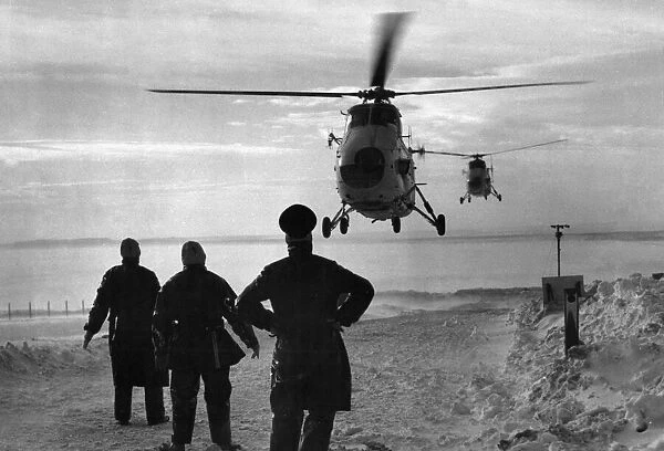 RAF Westland Whirlwind search and rescue helicopters queueing to land at the RAF