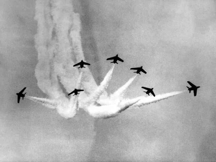 Framed Print : The RAFs Red Arrows display team perfom in their Folland Gnat aircraft Framed Print : The RAFs Red Arrows display team perfom in their Folland Gnat aircraft