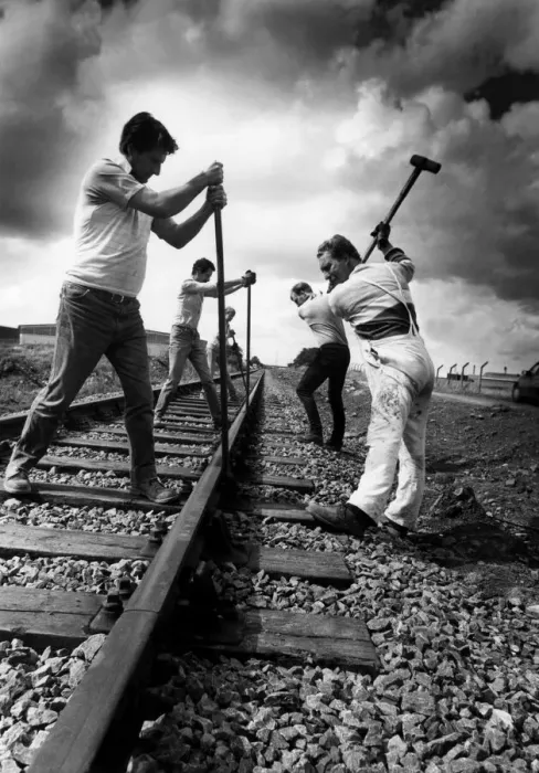 Framed Print : Rail workers extending the track for the Stephenson Railway at Percy Main on 15th August
