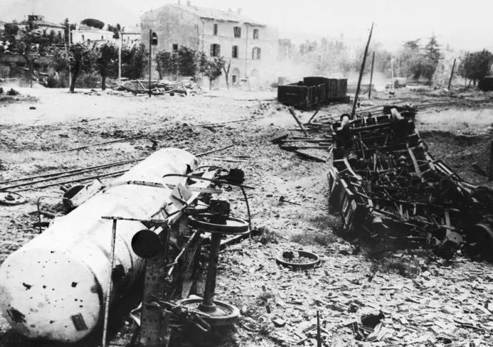 Framed Print : The rail yard and installation at Viterbo, north of Rome destroyed by planes of Framed Print : The rail yard and installation at Viterbo, north of Rome destroyed by planes of