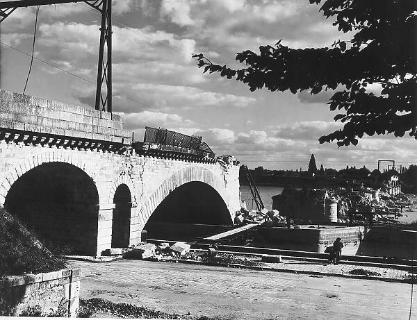 Railway bridge at Orleans (Loire) damaged in air raid. 10 of its 14 spans were