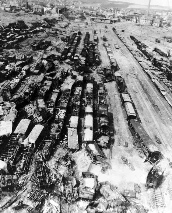 Framed Print : Railway goods yard at Fulde in Germany after an air raid by US Eighth Air Force. WW2