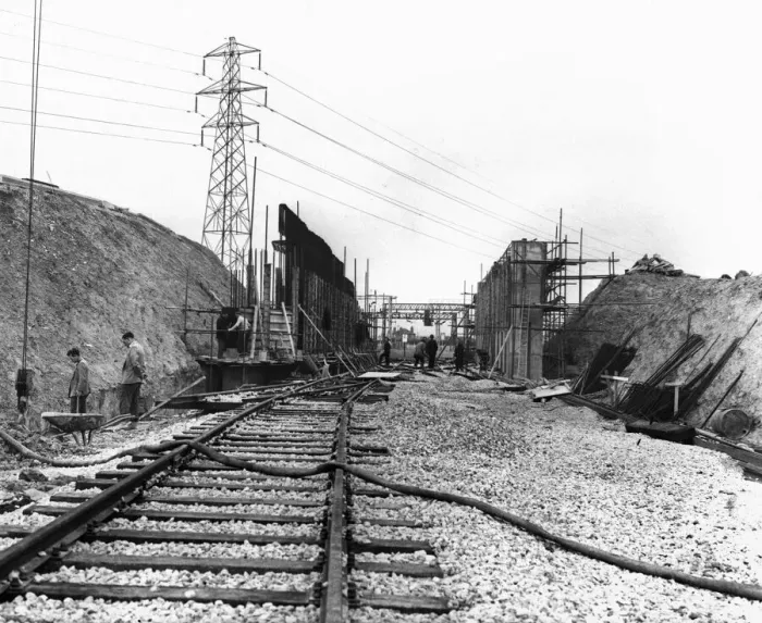 Framed Print : Railway sidings for the Halewood Ford factory are seen here under construction Framed Print : Railway sidings for the Halewood Ford factory are seen here under construction