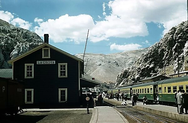 Railway station at La Oroya along route of Central Railway of Peru circa 1971