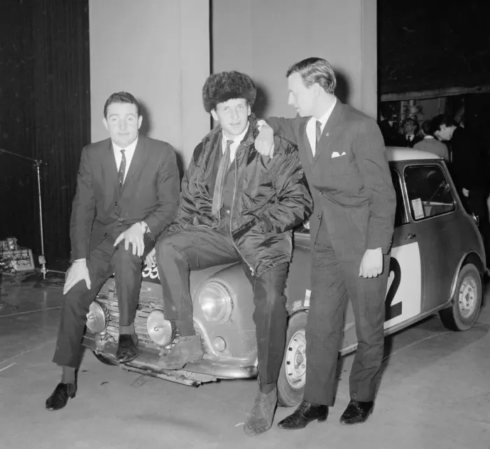 Framed Print : Rally drivers left to right: Paddy Hopkirk, Timo Makinen of Finland wearing a Russian hat Framed Print : Rally drivers left to right: Paddy Hopkirk, Timo Makinen of Finland wearing a Russian hat