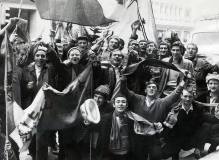 Framed Print : Rangers football fans in celebratory mood at Nuremberg Railway Station as they arrive in Framed Print : Rangers football fans in celebratory mood at Nuremberg Railway Station as they arrive in