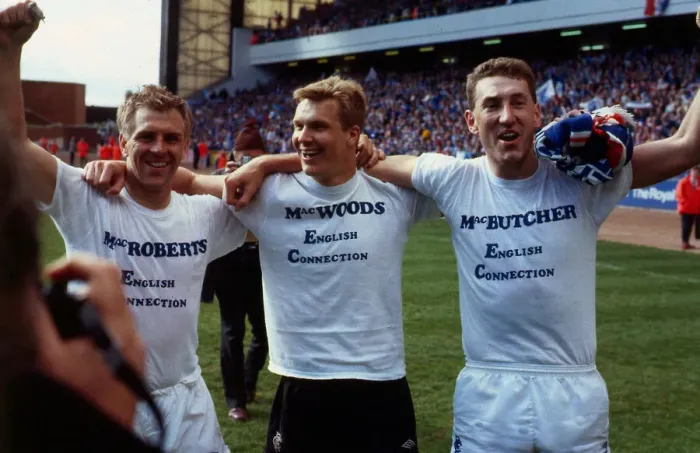 Framed Print : Rangers players celebrate winning League May 1987 Left to Right Graham Roberts Framed Print : Rangers players celebrate winning League May 1987 Left to Right Graham Roberts