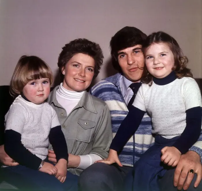 Framed Print : Rangers and Scotland footballer Tom Forsyth at home with his wife Linda and children