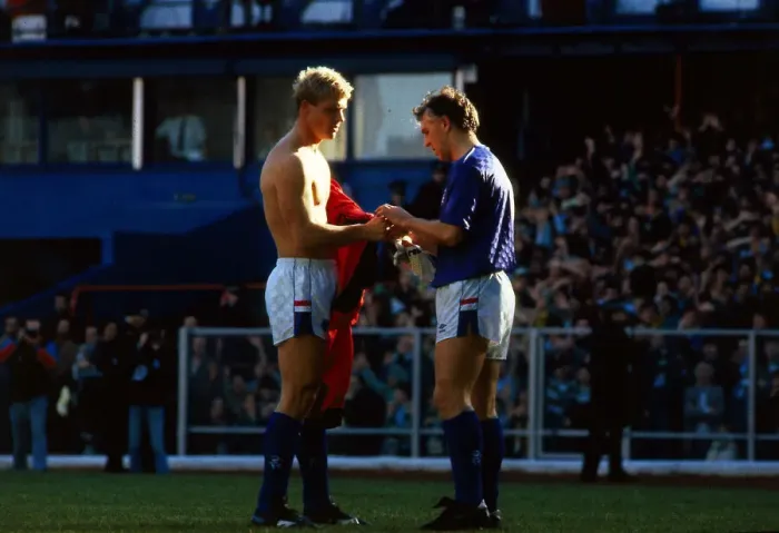 Framed Print : Rangers versus Celtic Chris Woods gives jersey to Graham Roberts October 1987
