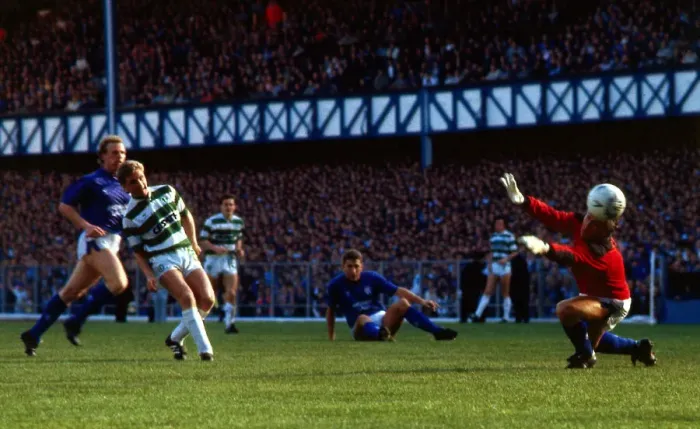 Framed Print : Rangers versus Celtic Peter Grant scores past Graham Roberts October 1987